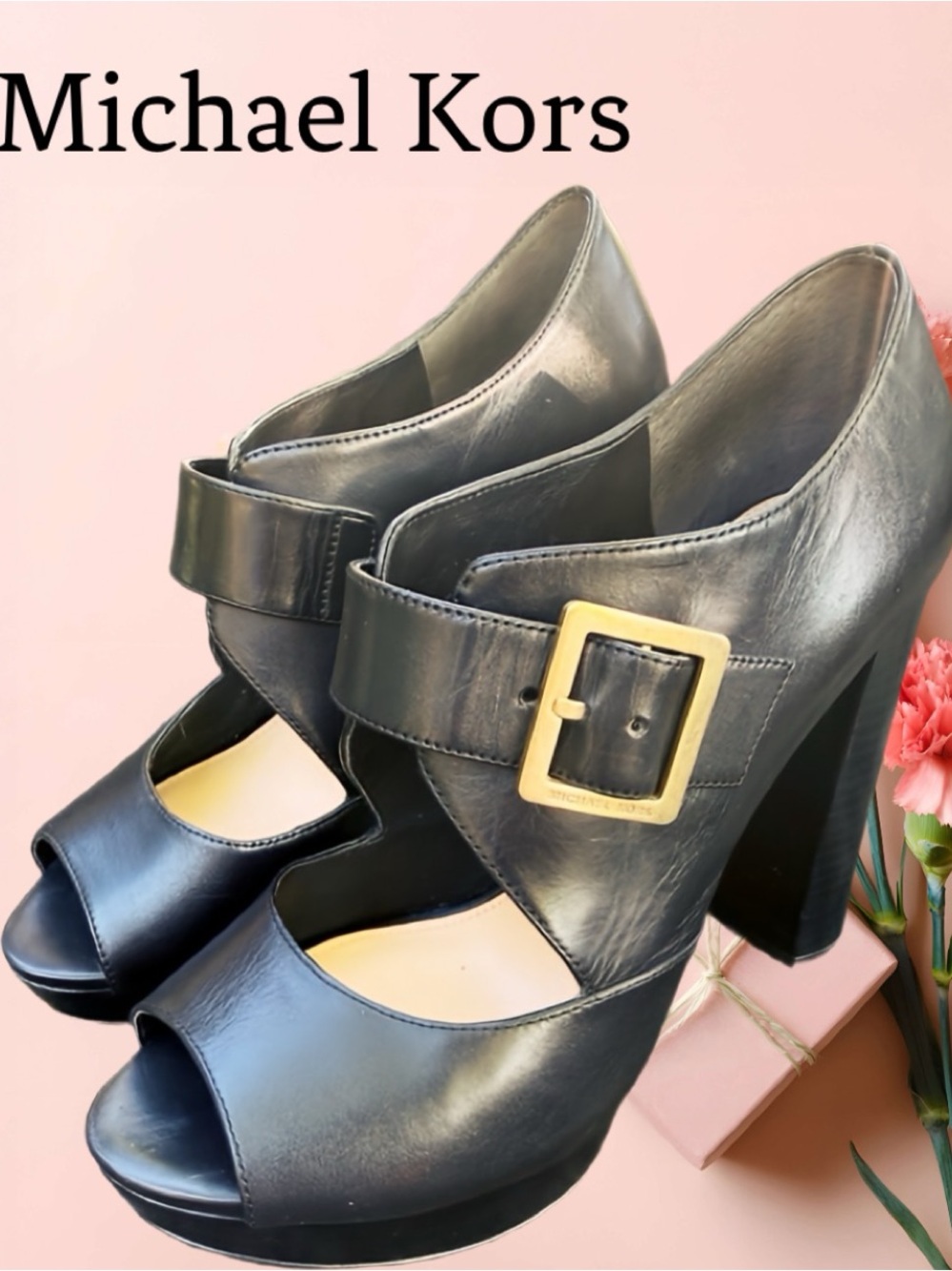 MICHAEL KORS BLACK LEATHER PEEP TOE PLATFORM HEELS/ SHOES -7 👡🔥